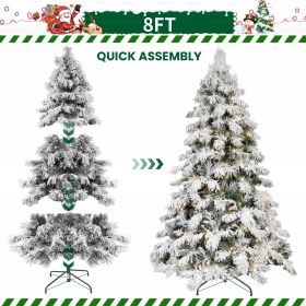 5FT 6FT 7FT 8FT Prelit Flocked Christmas Tree With Light, Snowy Pine Design, Warm White LED Lights, Hinged Branches, Metal Stand, Realistic Artif (Option: 8ft)